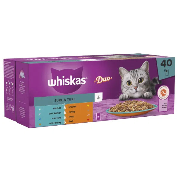 WHISKAS 1+ Duo Surf and Turf Adult Wet Cat Food Pouch in Jelly 40 x 85g