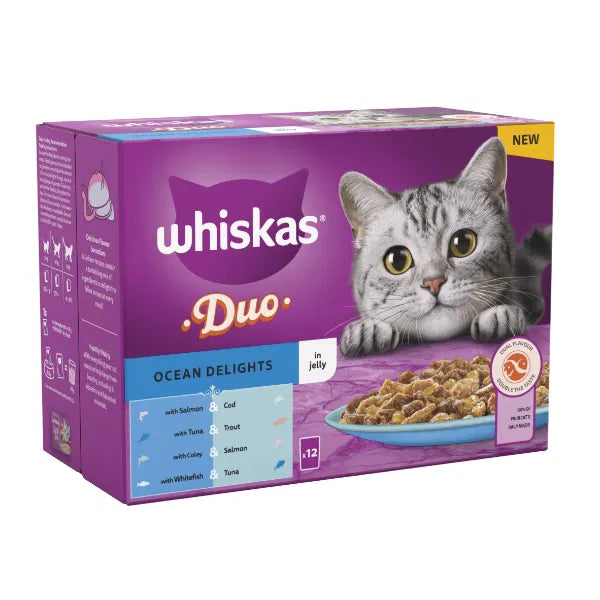 WHISKAS 1+ Duo Ocean Delights Adult Wet Cat Food Pouch in Jelly 12 x 85g