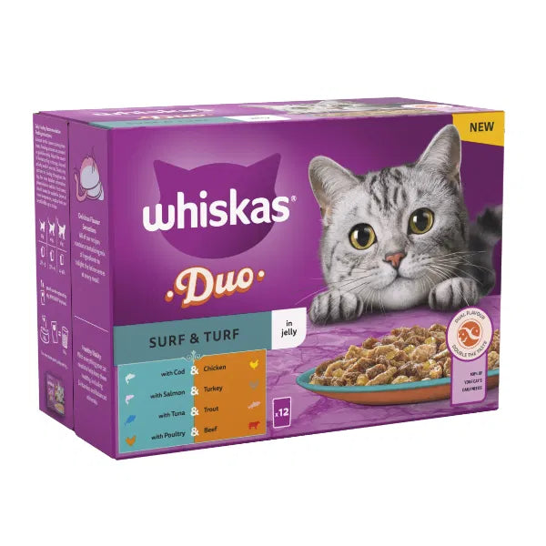 WHISKAS 1+ Duo Surf and Turf Adult Wet Cat Food Pouch in Jelly 12 x 85g