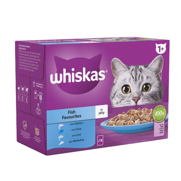 WHISKAS 1+ Fish Favourites Adult Wet Cat Food Pouch in Jelly 12 x 85g