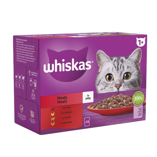 WHISKAS 1+ Meaty Meals Adult Wet Cat Food Pouch in Jelly 12 x 85g