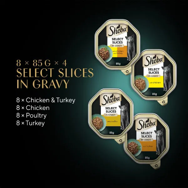 SHEBA Select Slices Wet Cat Food Trays Poultry Selection in Gravy 32 x 85g